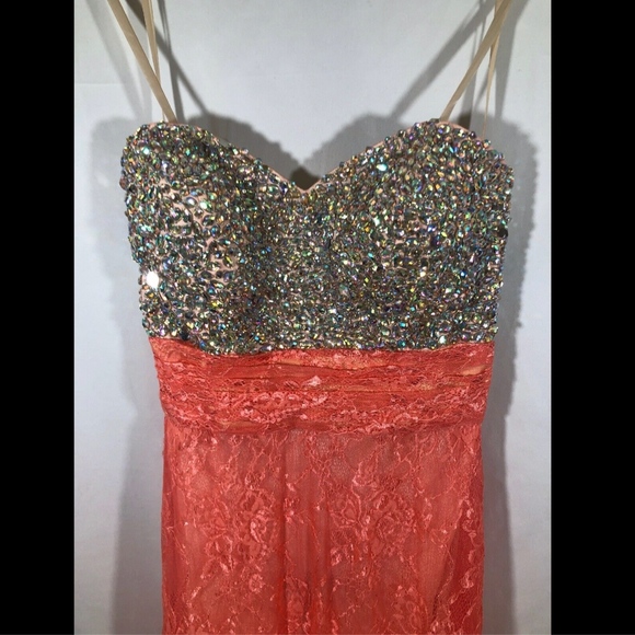 NEW La Femme [ 6 ] Embellished Jeweled Strapless‎ Lace Gown in Hot Coral - Picture 3 of 9